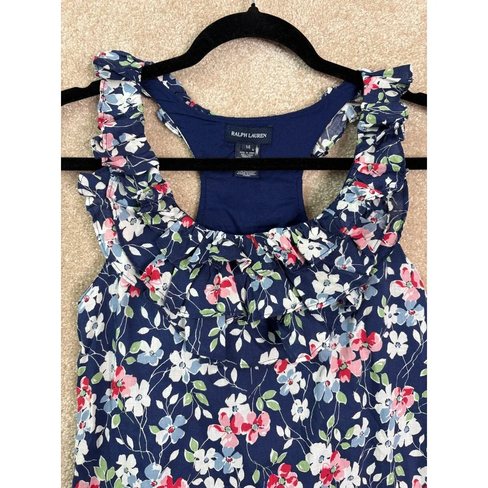 RALPH LAUREN Floral Dress Girls Size 14 Navy Blue Summer Preppy Designer